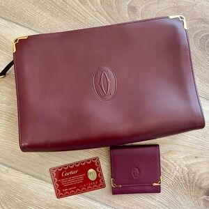 CARTIER Must Line Clutch and Coin Pouch Deep Burgundy Leather Set